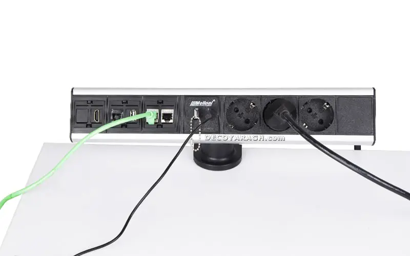 پریز برق رومیزی ملونی مدل 10042 دارای سه پریز برق، دو سوکت تلفن، دو پورت USB و HDMI