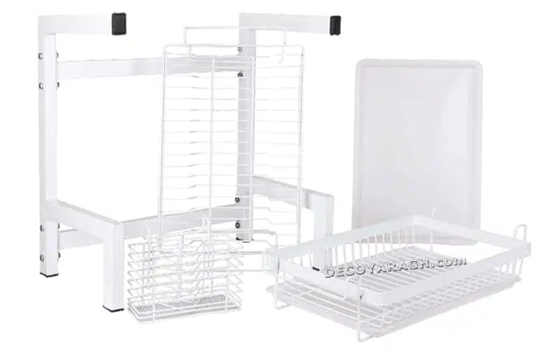 سبد جاظرفی سفید روی کابینت دارای دو سینی، یک جاقاشق چنگالی و دو طبقه متحرک است